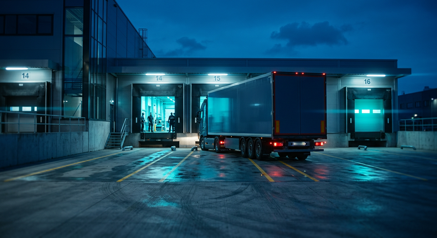 Sattelzug fährt termingenau an die Laderampe eines Produktionswerks – Just-in-Time-Transporte mit HE-LOG