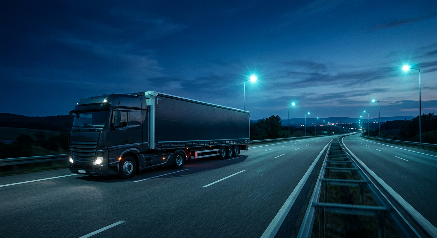 Sattelzug mit Planenauflieger auf der Autobahn in der Dämmerung – FTL-Komplettladungen europaweit mit HE-LOG