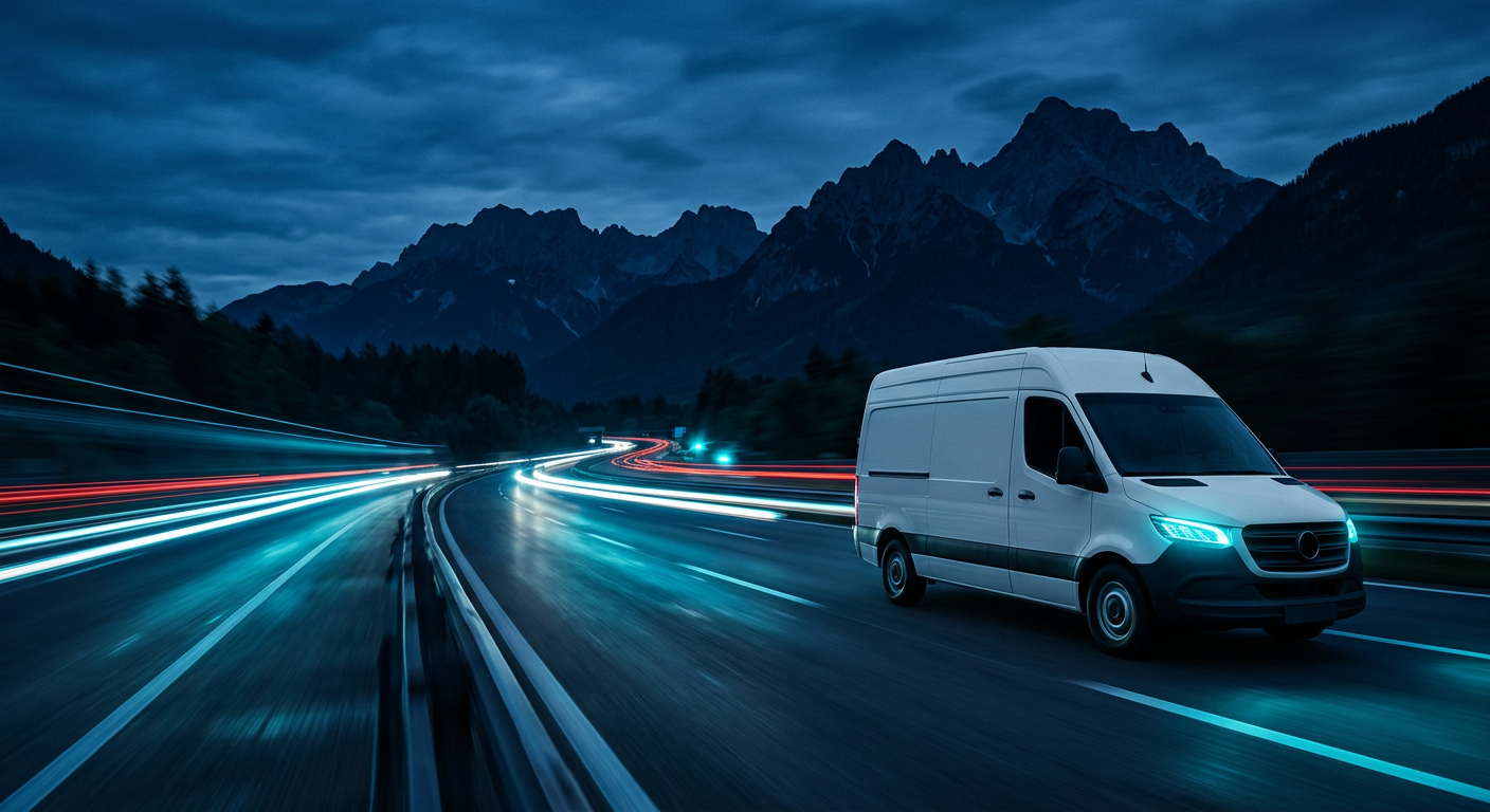 Expresstransporter auf der Alpen-Autobahn in der Dämmerung – Expresstransporte europaweit mit HE-LOG