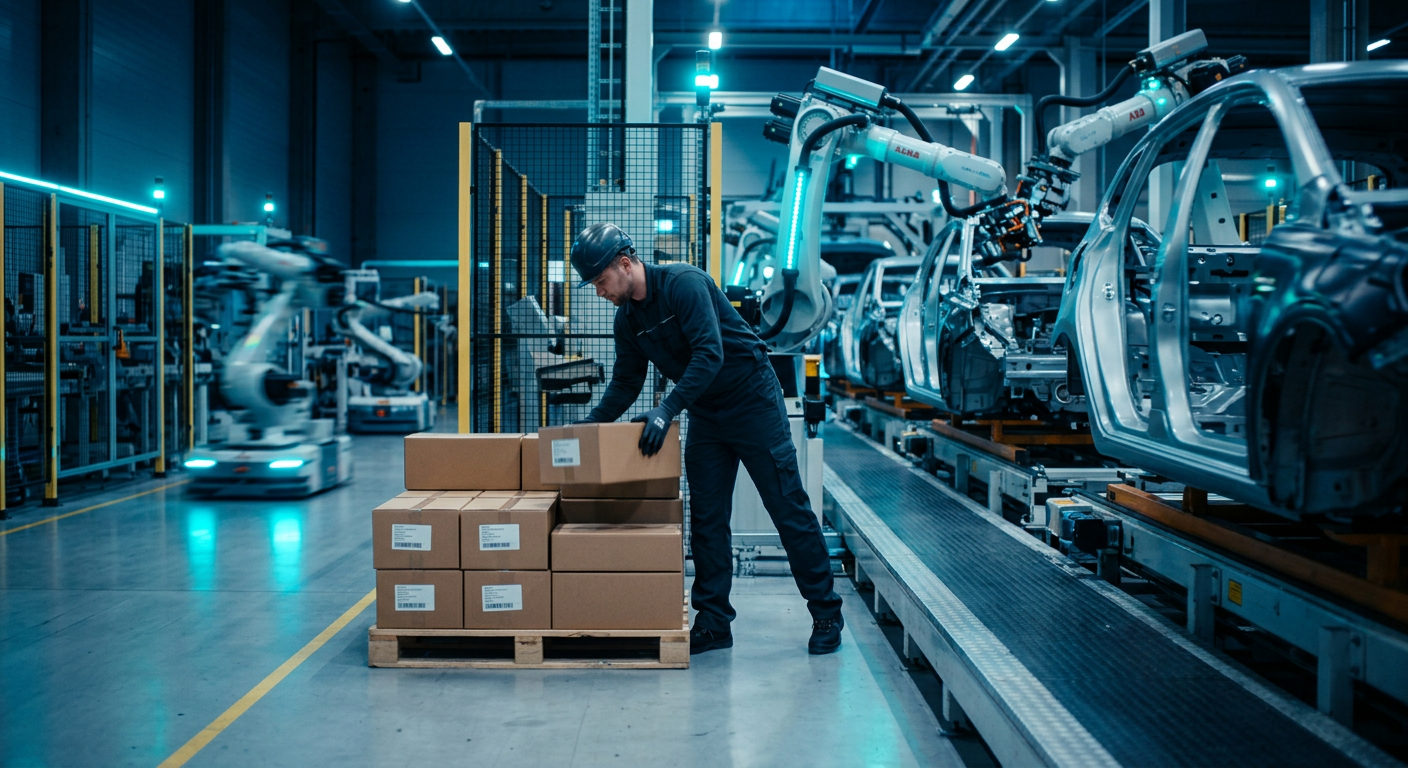 Anlieferung von Bauteilen direkt ans Fliessband in einer modernen Produktionshalle – Just-in-Time-Belieferung